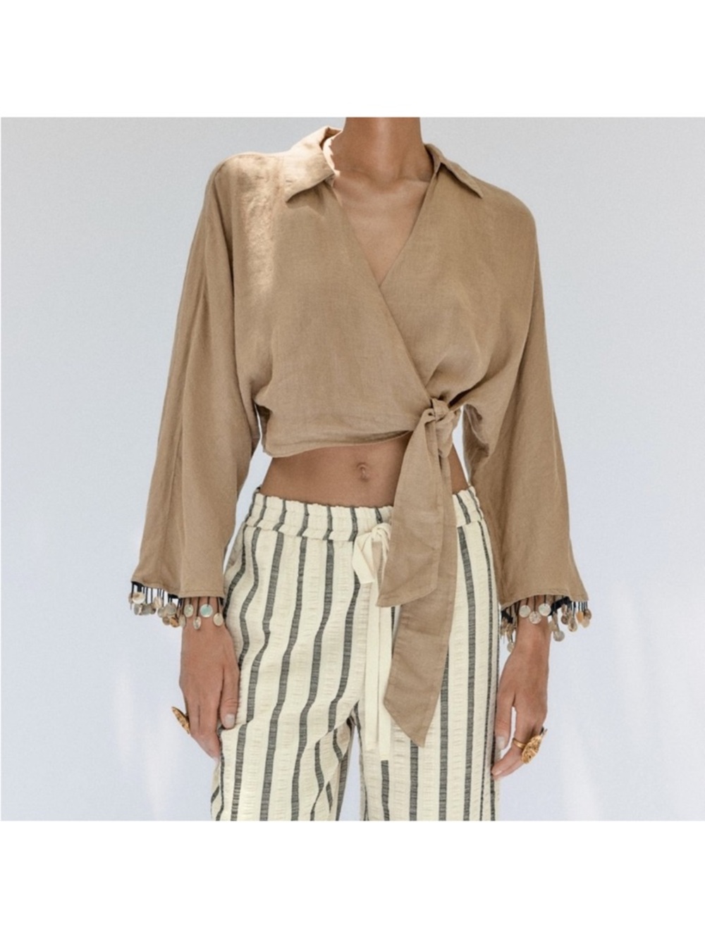 Zara Green Linen Tie-Front Wrap Crop Top with Beaded shell Trim